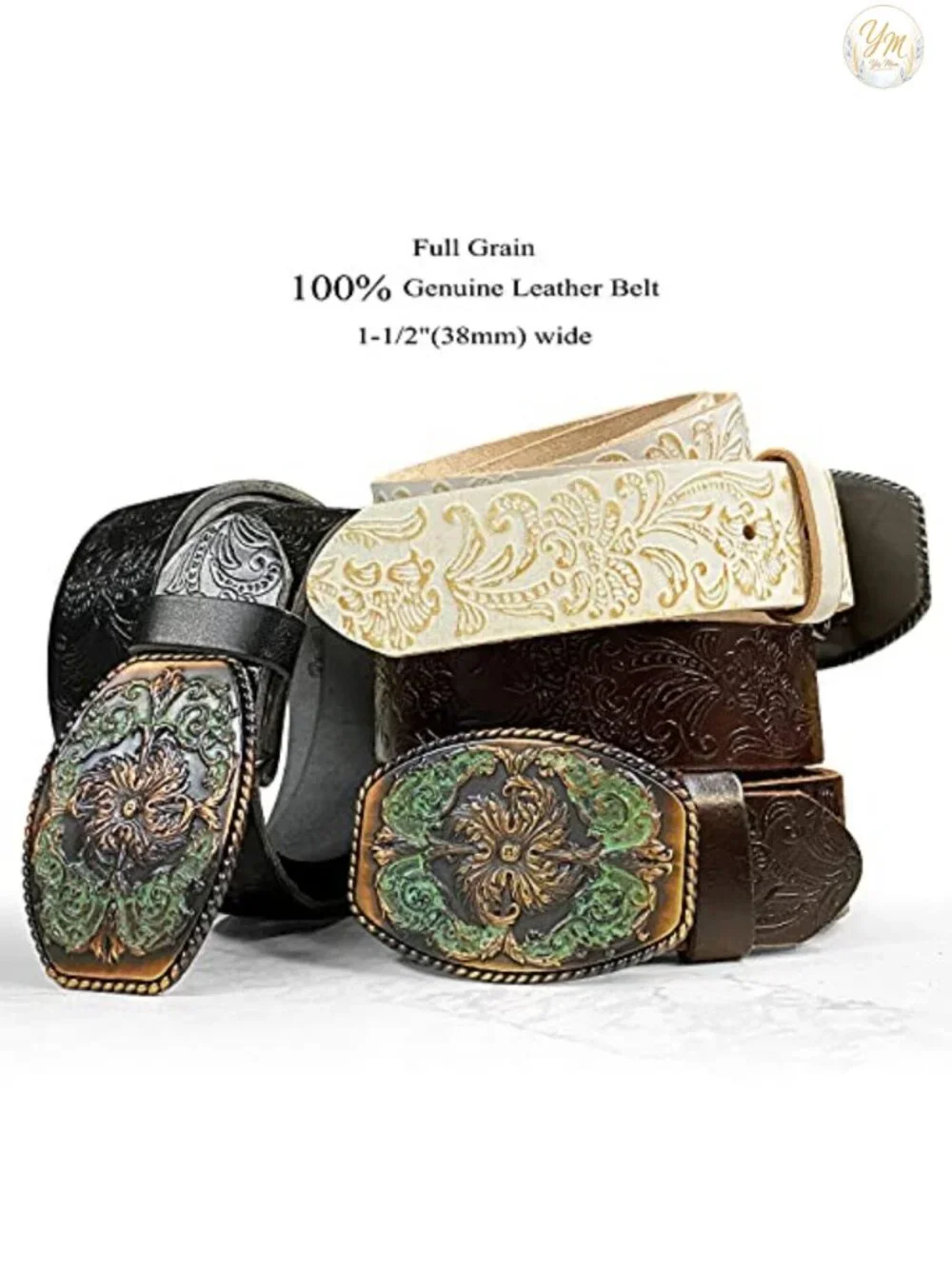 Western Floral Engraved Buckle Full Grain Genuine Leather Belt 1.5